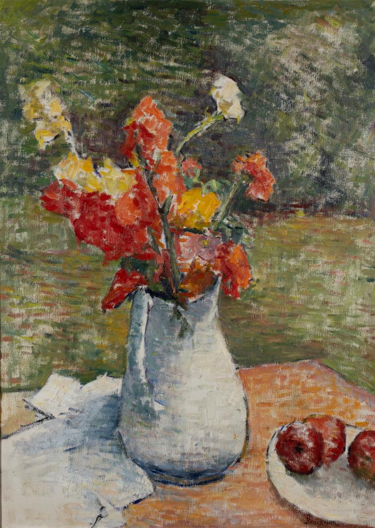 Pitcher with Flowers and Apples on a Table