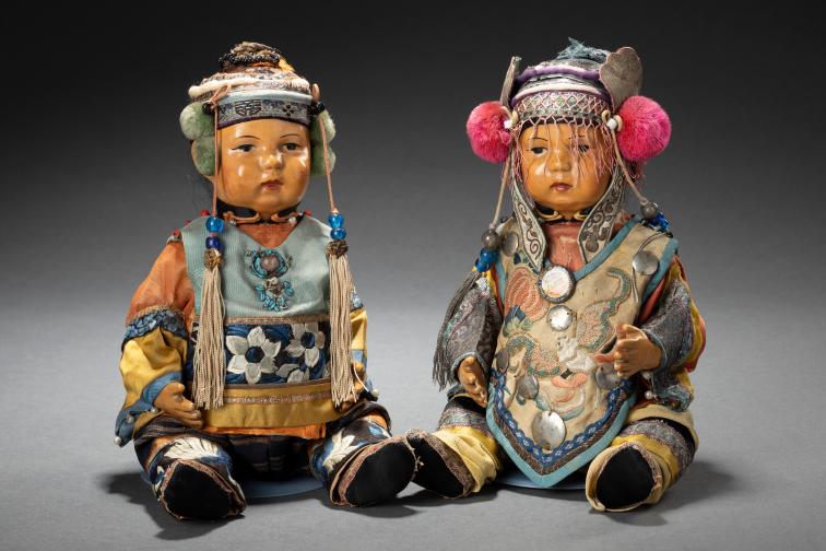 Pair of American Wooden Dolls as Chinese Babies